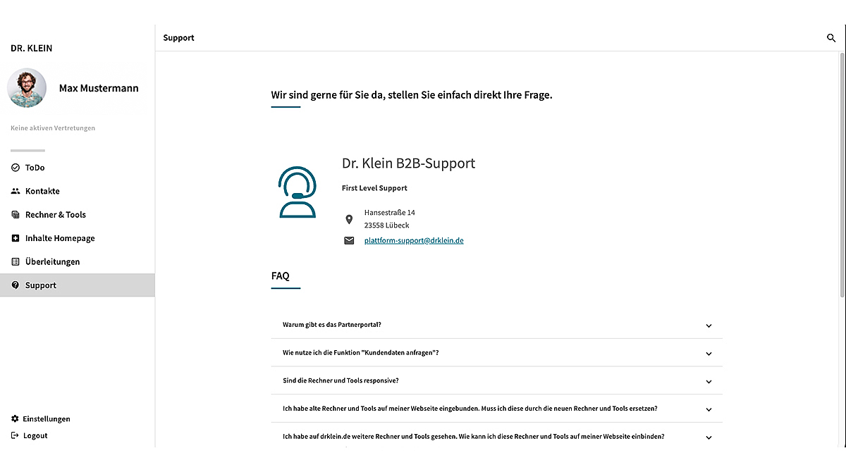 Der FAQ und Support Bereich im Partnerportal