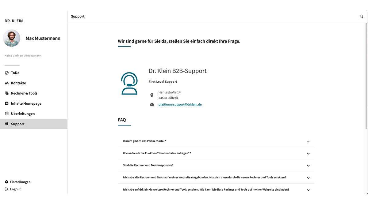 Der FAQ und Support Bereich im Partnerportal
